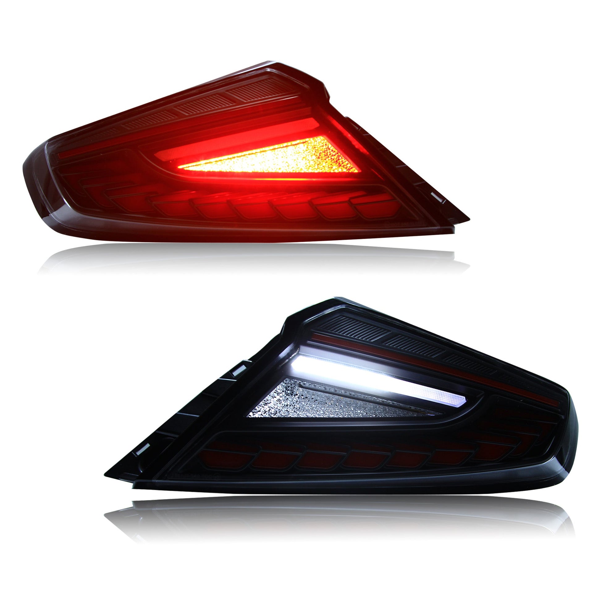 OLM Phantom-Spec LED taillights with clear lens and red optic for 2022+ Subaru WRX, showcasing sleek tail light design.