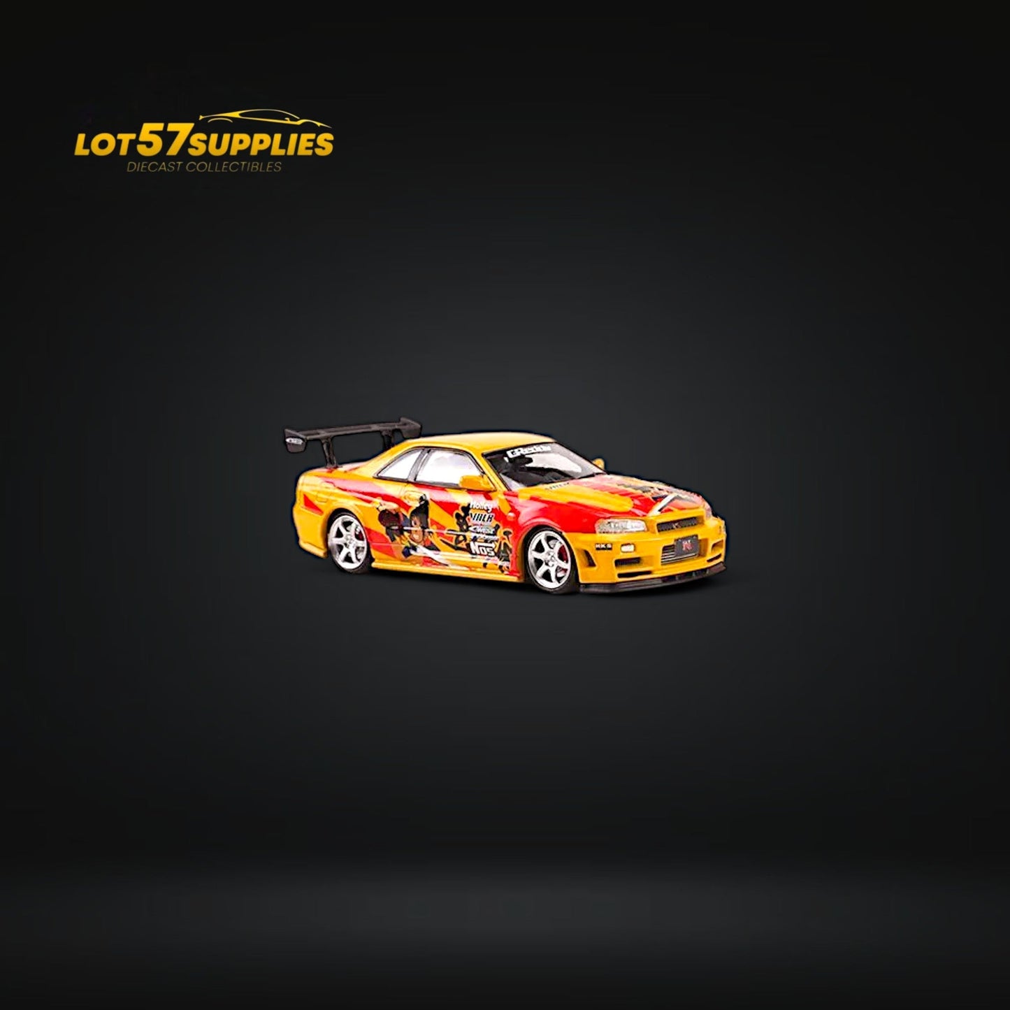 Yellow and red livery Nissan Skyline GT-R R34 Z-Tune 1:64 diecast model by Lot57Supplies, detailed miniature car with vibrant colors.