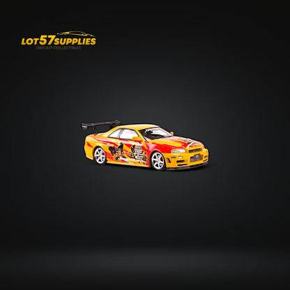 Yellow and red livery Nissan Skyline GT-R R34 Z-Tune 1:64 diecast model by Lot57Supplies, detailed miniature car with vibrant colors.