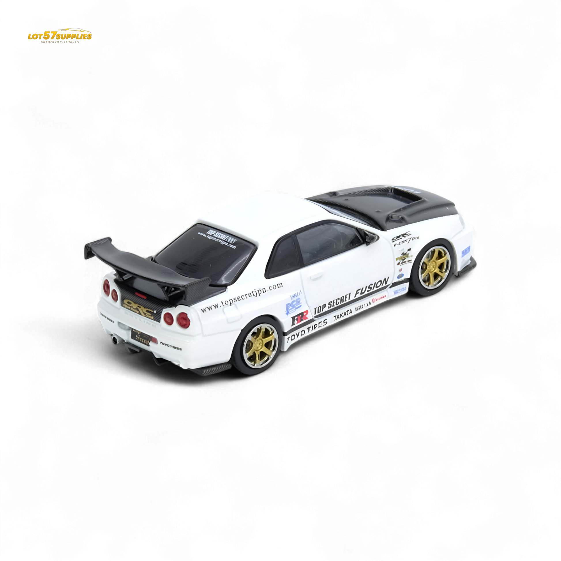 Pre-order Inno64 Nissan R34 GT-R diecast model in white, 1:64 scale, showcasing detailed exterior and iconic design.