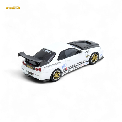 Pre-order Inno64 Nissan R34 GT-R diecast model in white, 1:64 scale, showcasing detailed exterior and iconic design.