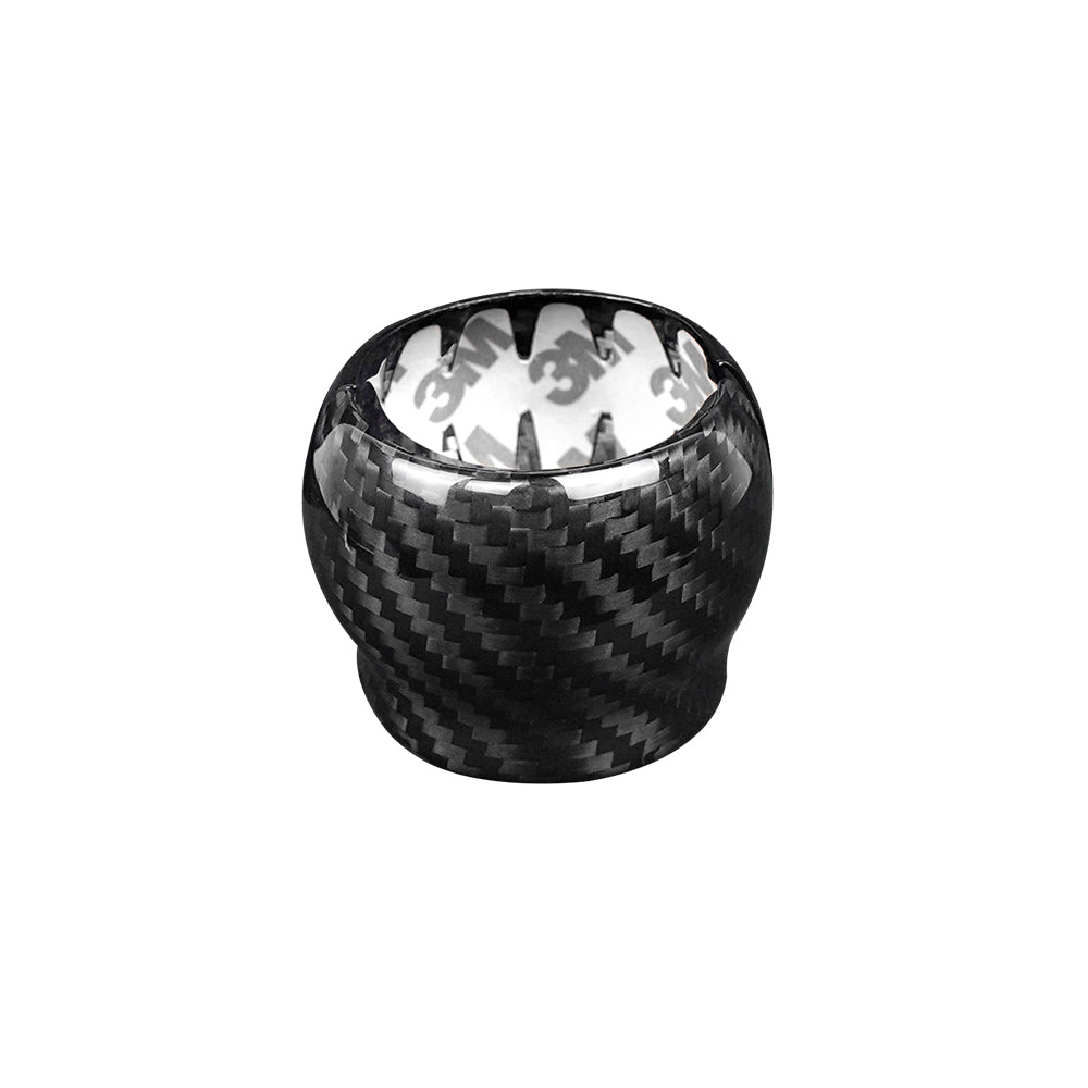 JDMuscle dry carbon fiber shift knob surround trim kit for 2022-2025 Subaru WRX, close-up of sleek, textured carbon fiber finish.