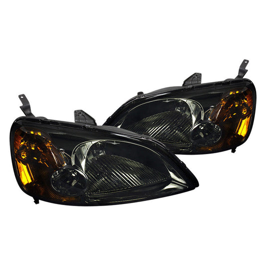 Spec-D Honda Civic crystal headlights with chrome housing and smoked amber lenses, designed for 2001-2003 models.
