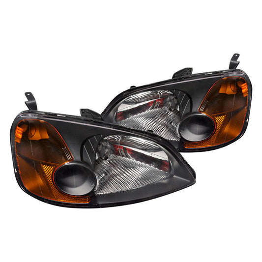 Spec-D Honda Civic crystal headlights with black and amber accents, featuring clear lenses and modern styling for 01-03 models.