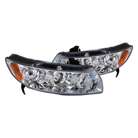 Spec-D dual halo projector headlights for 2006-2011 Honda Civic Coupe in chrome finish, featuring modern halo and projector lens.