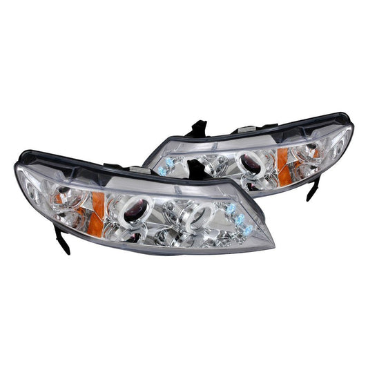 Spec-D dual halo projector headlights for 2006-2011 Honda Civic Sedan in chrome finish with modern LED halos.
