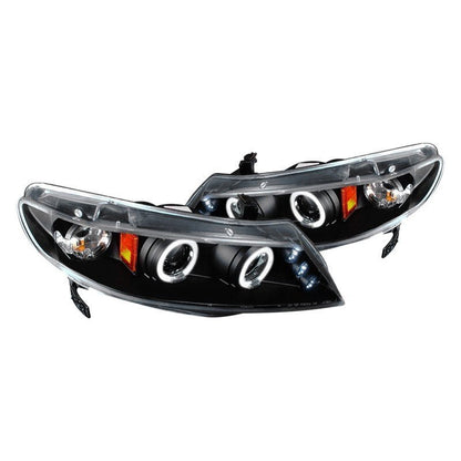 Black Spec-D dual halo LED projector headlights for 2006-2011 Honda Civic Sedan, featuring modern lighting design and high-quality construction.