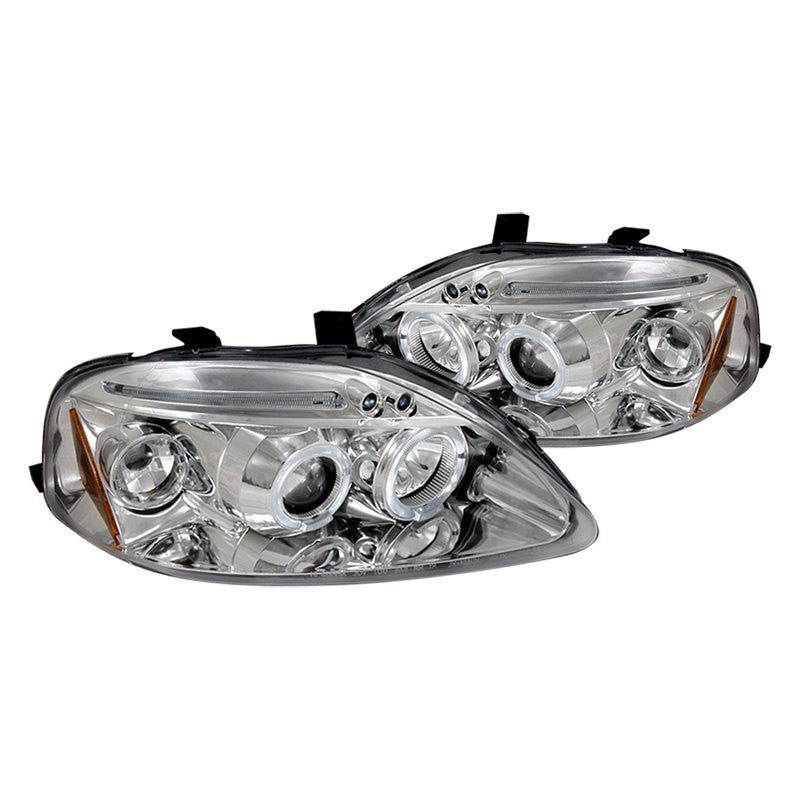 Pair of Spec-D Honda Civic 99-00 LED projector headlights with dual halo rings in chrome finish, clear lens, and modern design.