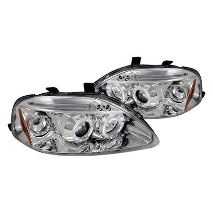 Pair of Spec-D Honda Civic 99-00 LED projector headlights with dual halo rings in chrome finish, clear lens, and modern design.