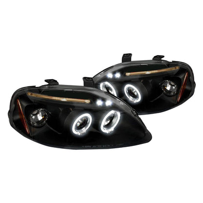 Black Spec-D Honda Civic 99-00 dual halo LED projector headlights with sleek design and bright illumination.