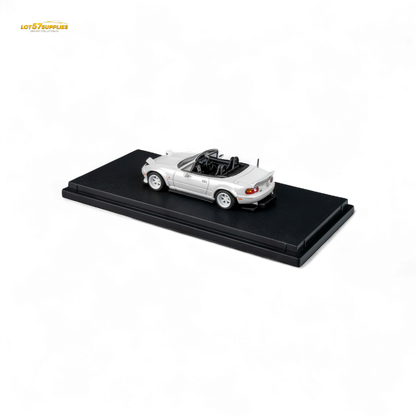 Metallic white Mazda Microturbo Custom MX5 diecast car by Lot57Supplies, detailed 1:64 scale model with Rocket Bunny design.