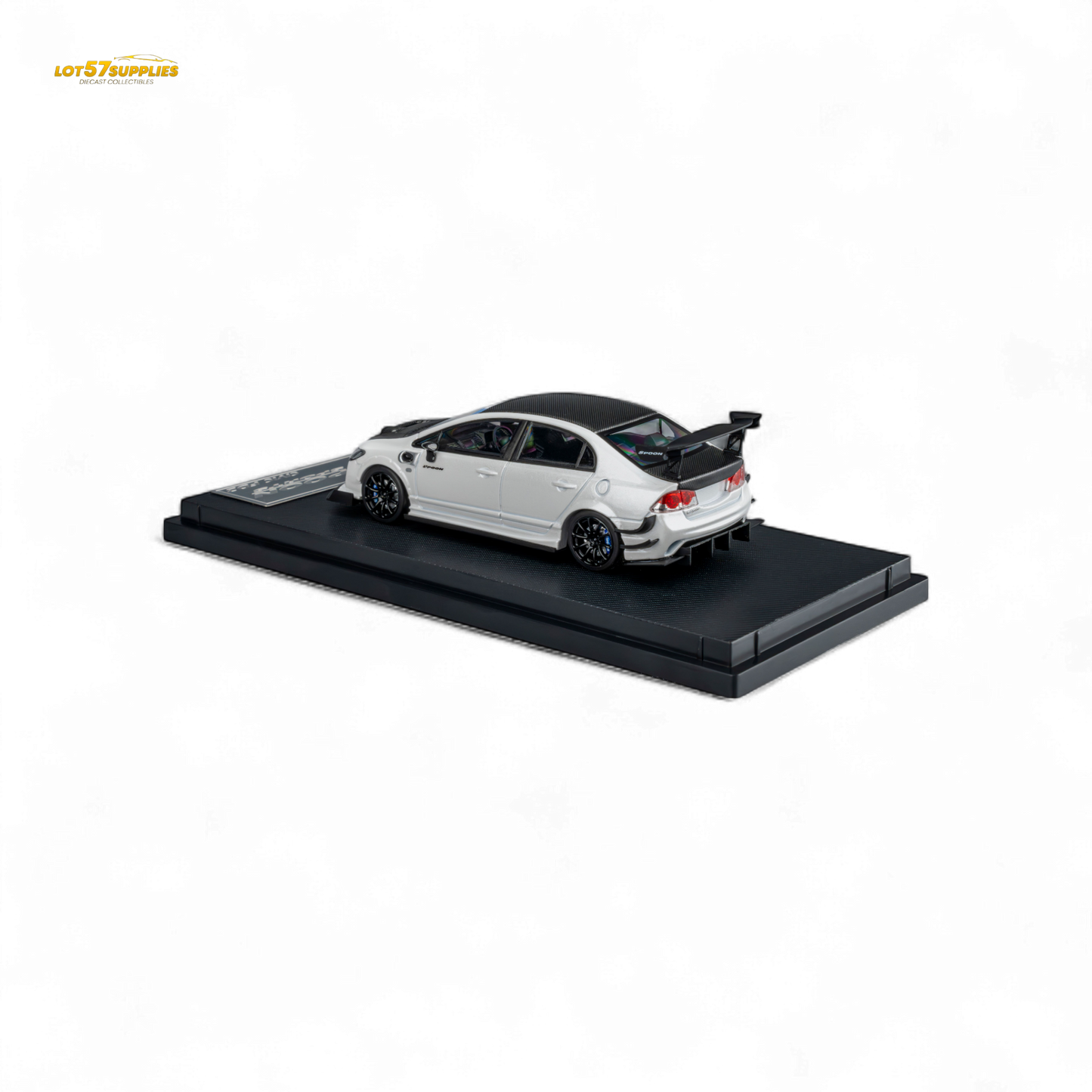 Metallic white Honda Civic Type R FD2 diecast model by Spoon Sports, detailed 1:64 scale replica from Lot57Supplies Diecast Shop.