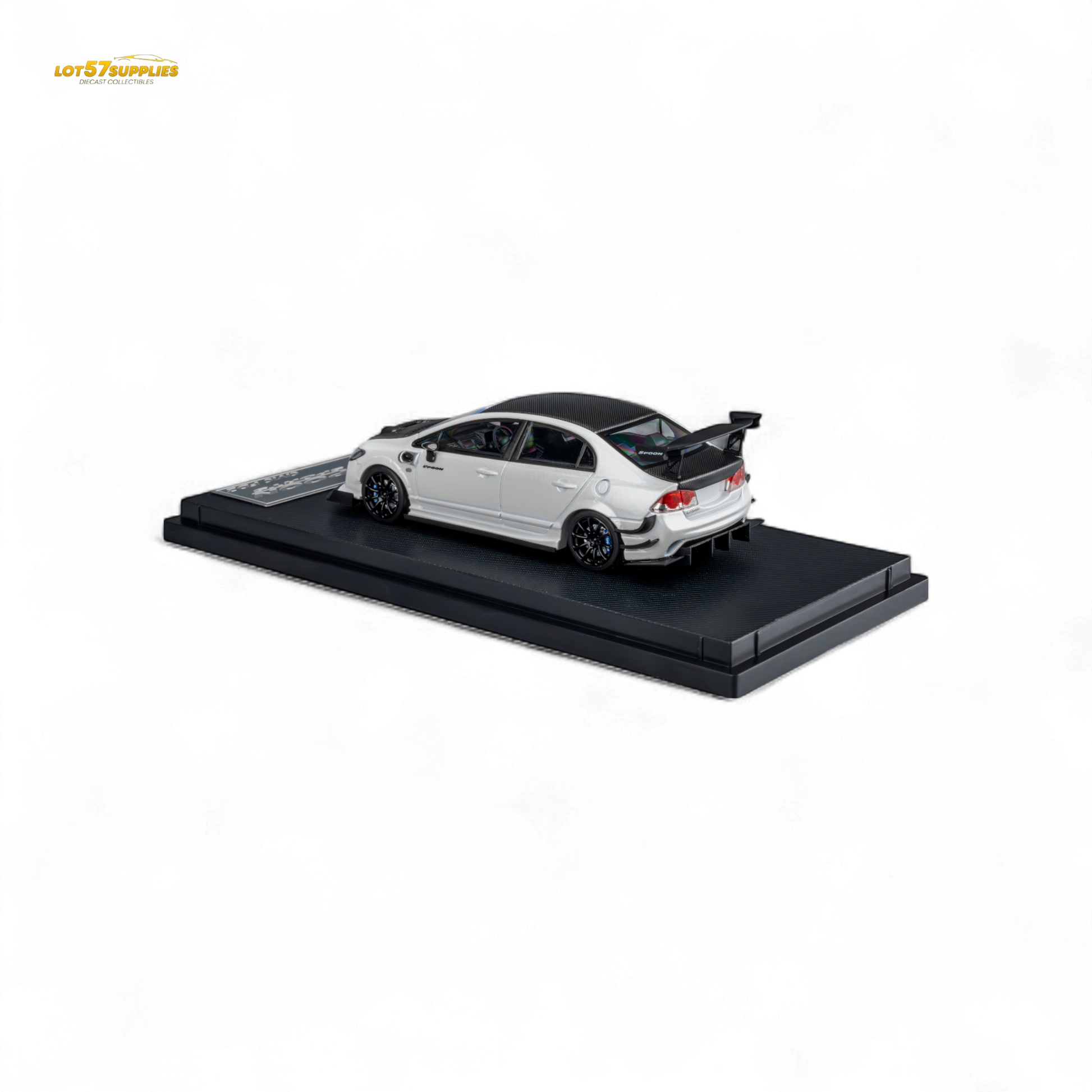 Metallic white Honda Civic Type R FD2 diecast model by Spoon Sports, detailed 1:64 scale replica from Lot57Supplies Diecast Shop.