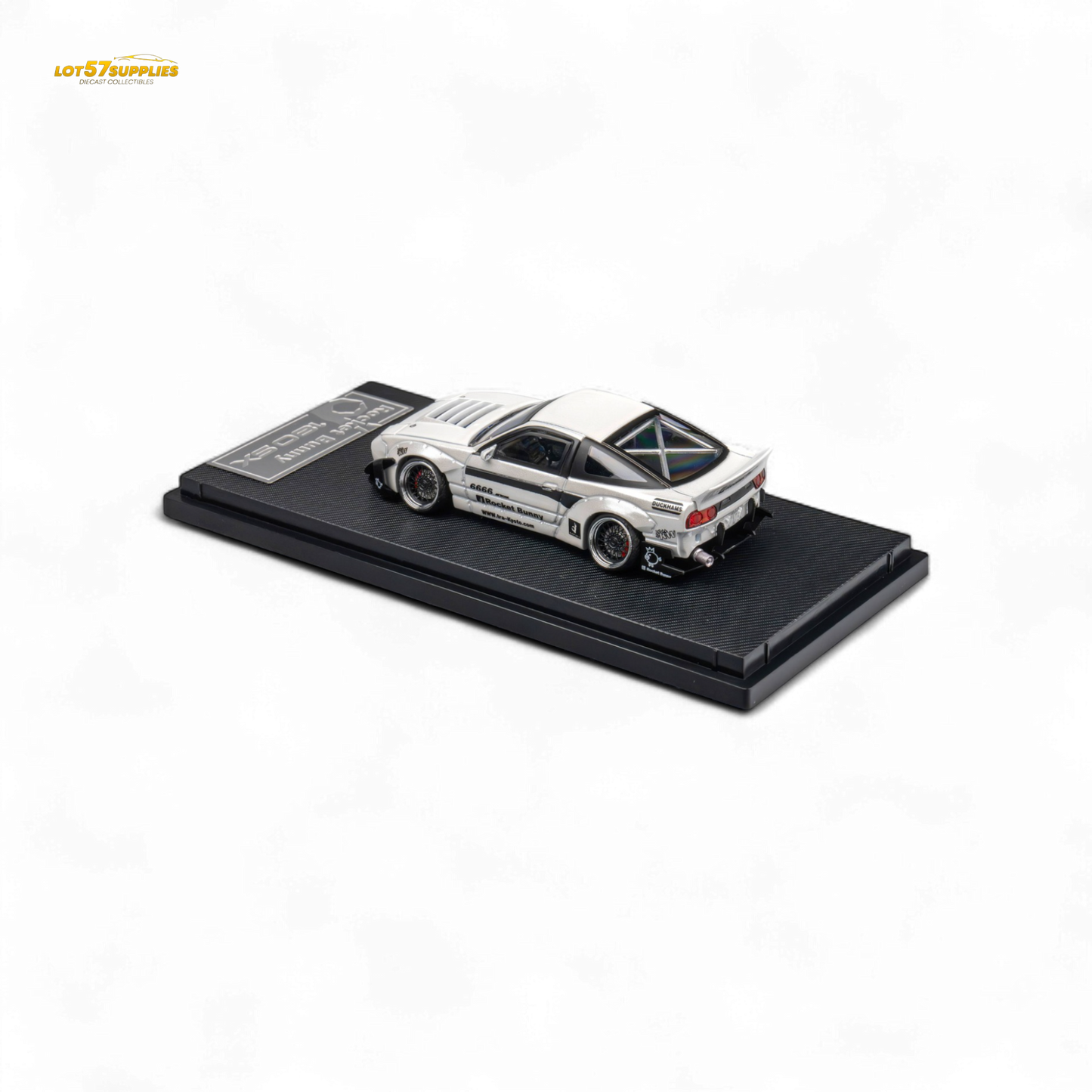 White Nissan 180SX diecast model by Lot57Supplies, featuring Pandem Rocket Bunny body kit, 1:64 scale, detailed miniature car.