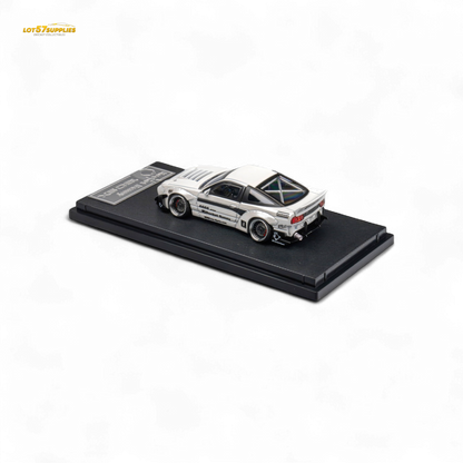 White Nissan 180SX diecast model by Lot57Supplies, featuring Pandem Rocket Bunny body kit, 1:64 scale, detailed miniature car.