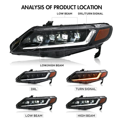 NTXGlow 8th Gen Civic Sedan LED headlights with sequential turn signals, featuring modern design and bright illumination.