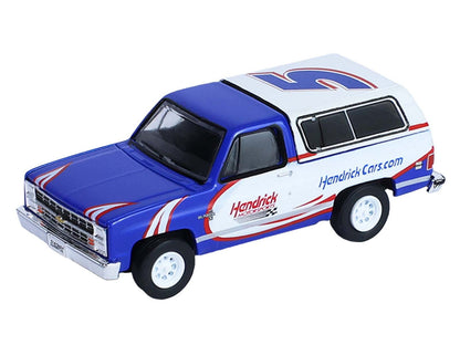 1986 Chevrolet K5 Blazer Blue and White and 1969 Chevrolet Camaro #5 Blue and White "Kyle Larson - Hendrick Motorsports" with Tandem Car Trailer "Racing Hitch & Tow" Series 6 1/64 Diecast Model Cars by Greenlight