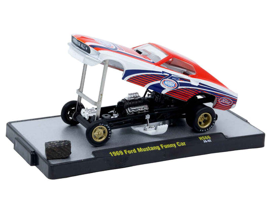 1969 Ford Mustang Funny Car "NHRA 75 Years" Red and White with Graphics Limited Edition to 3740 pieces Worldwide 1/64 Diecast Model Car by M2 Machines