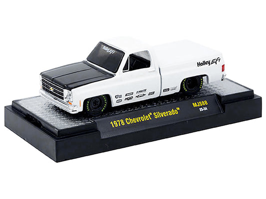 1978 Chevrolet Silverado Pickup Truck "Holley EFI" White with Black Hood Limited Edition to 10120 pieces Worldwide 1/64 Diecast Model Car by M2 Machines