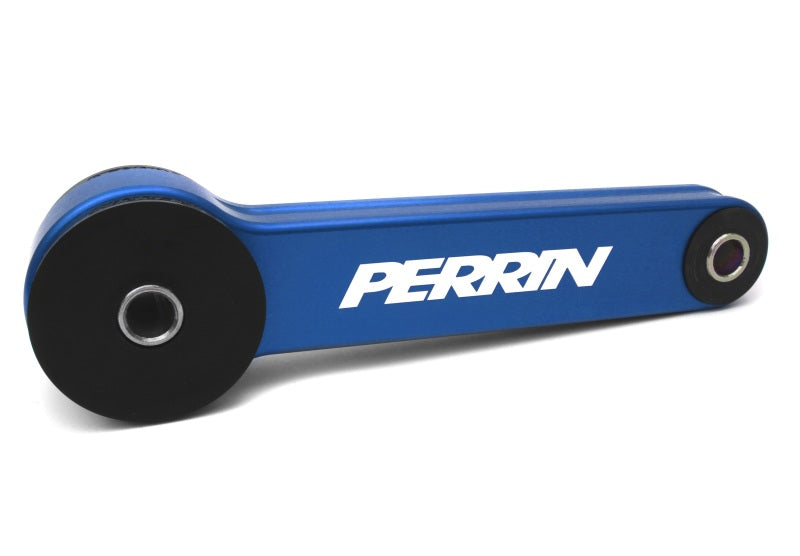 Blue PERRIN pitch stop mount for 2002-2025 WRX, STI, LGT, FXT from JDMuscle, shown installed in engine bay.