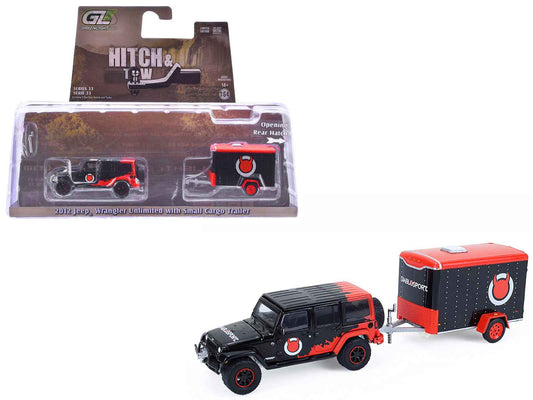 2012 Jeep Wrangler Unlimited "Diablo Sport" Black with Red Graphics and Small Cargo Trailer "Hitch & Tow" Series 33 1/64 Diecast Model Cars by Greenlight