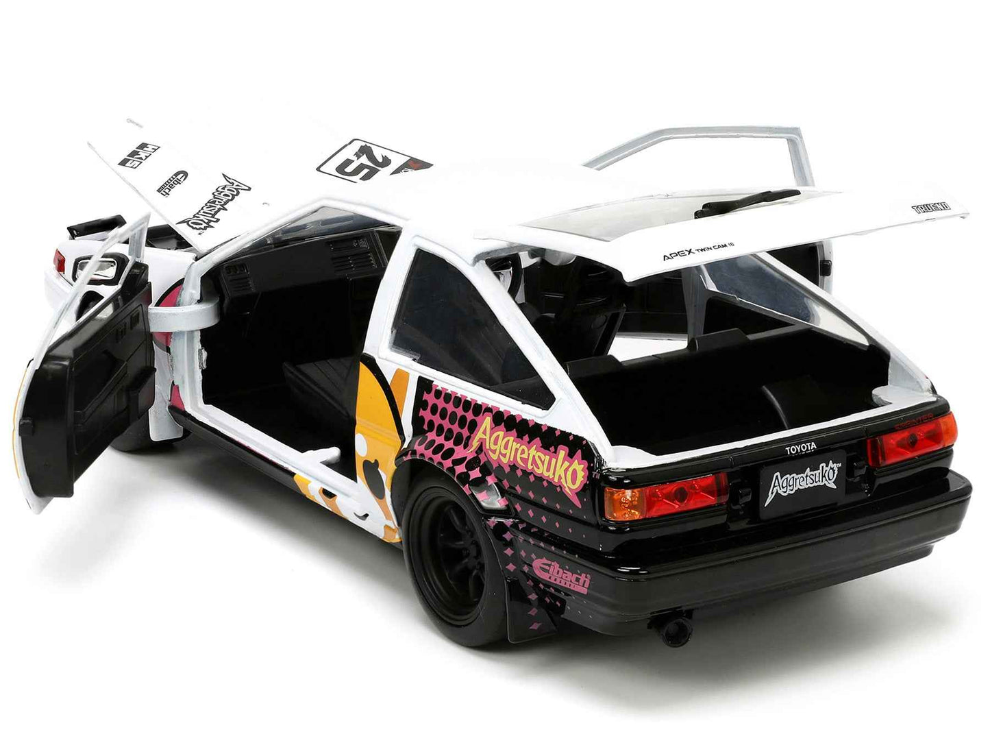 1986 Toyota Trueno (AE86) RHD (Right Hand Drive) #25 White with Graphics and Aggretsuko Diecast Figure "Aggretsuko" "Anime Hollywood Rides" Series 1/24 Diecast Model Car by Jada