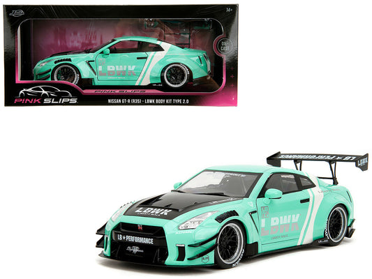 Nissan GT-R (R35) Liberty Walk Body Kit 2.0 RHD (Right Hand Drive) Light Blue with Black Hood and White Stripes "Pink Slips" Series 1/18 Diecast Model Car by Jada