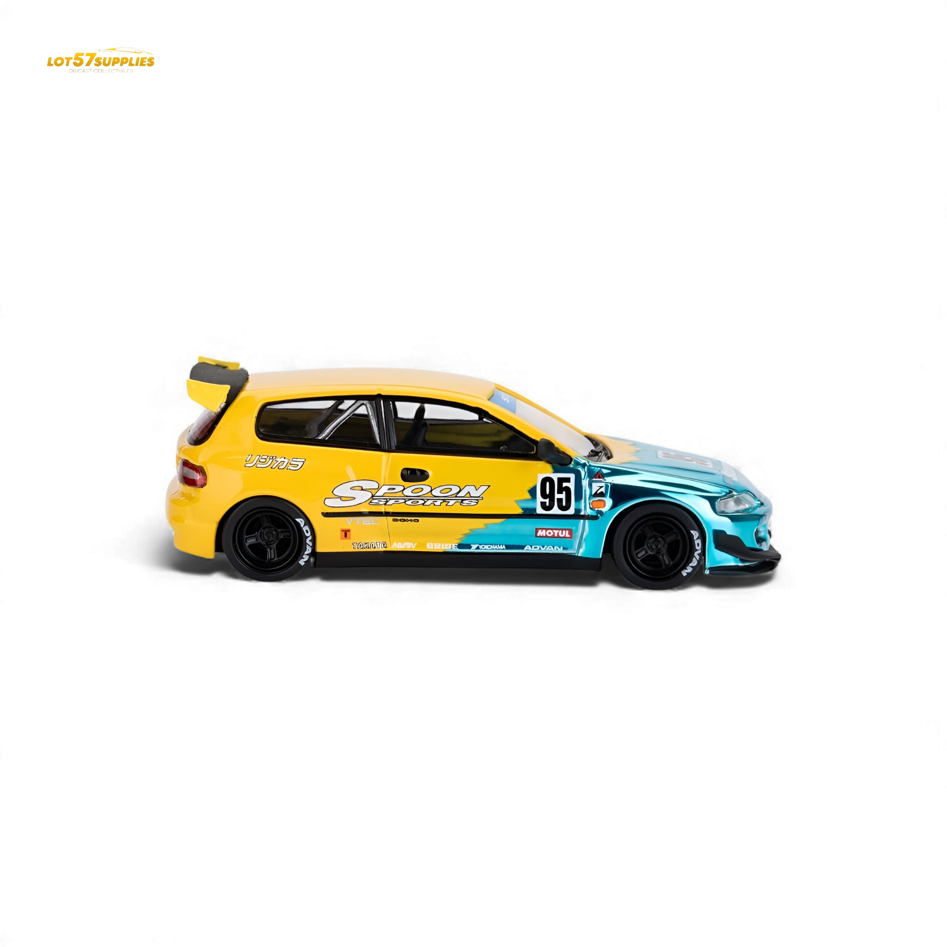 Blue 1:64 scale Honda Civic EG6 diecast model with Rocket Bunny body kit and Spoon branding, detailed miniature car.