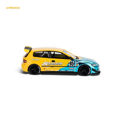 Blue 1:64 scale Honda Civic EG6 diecast model with Rocket Bunny body kit and Spoon branding, detailed miniature car.