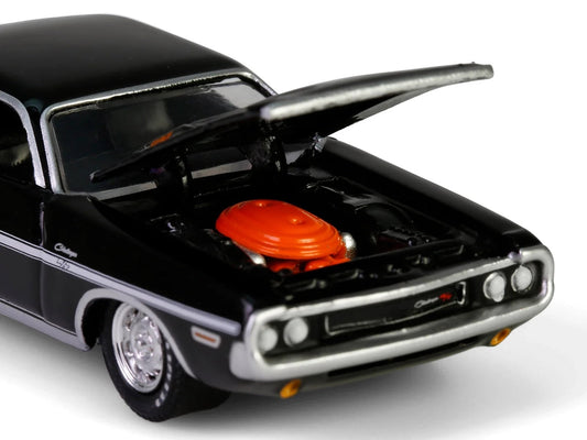 1970 Dodge Challenger R/T 440 Black with White Stripes "Barrett-Jackson" Series 15 1/64 Diecast Model Car by Greenlight