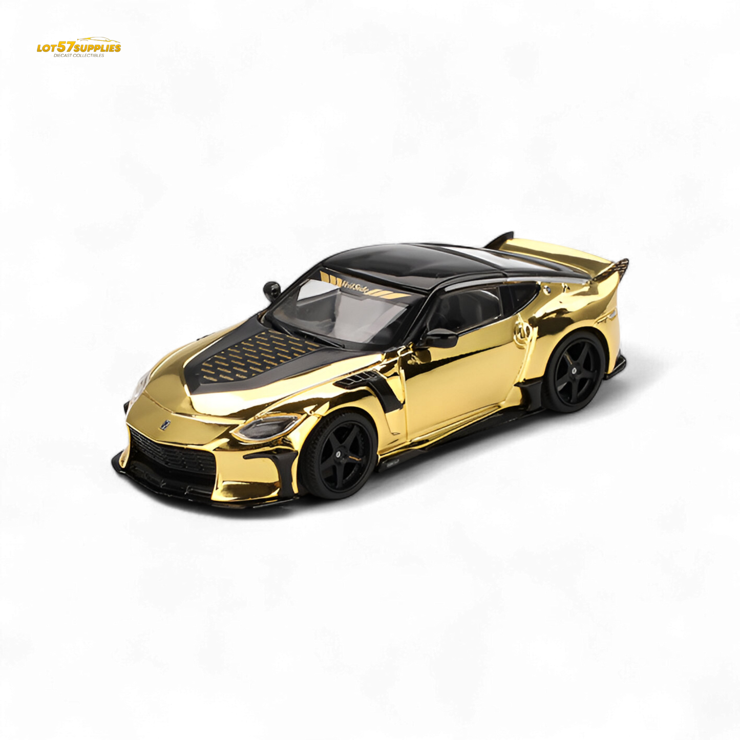Mini-GT Nissan Z VeilSide FZ400 diecast car in gold chrome, 1:64 scale, featuring detailed design and LHD layout.