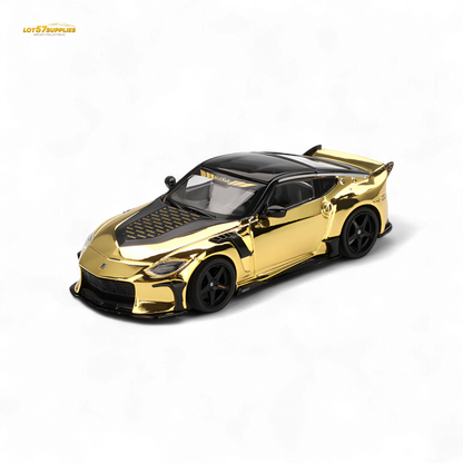 Mini-GT Nissan Z VeilSide FZ400 diecast car in gold chrome, 1:64 scale, featuring detailed design and LHD layout.