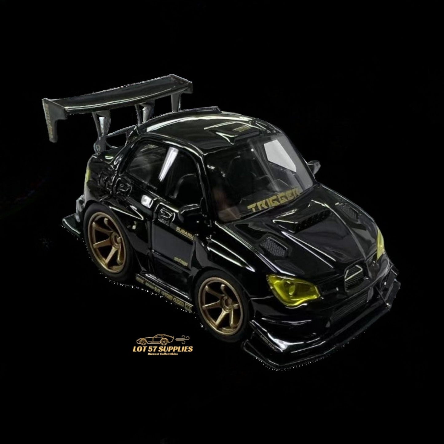 Black and gold 1:64 scale Subaru Impreza WRX STI diecast model by Lot57Supplies with Voltex racing design.