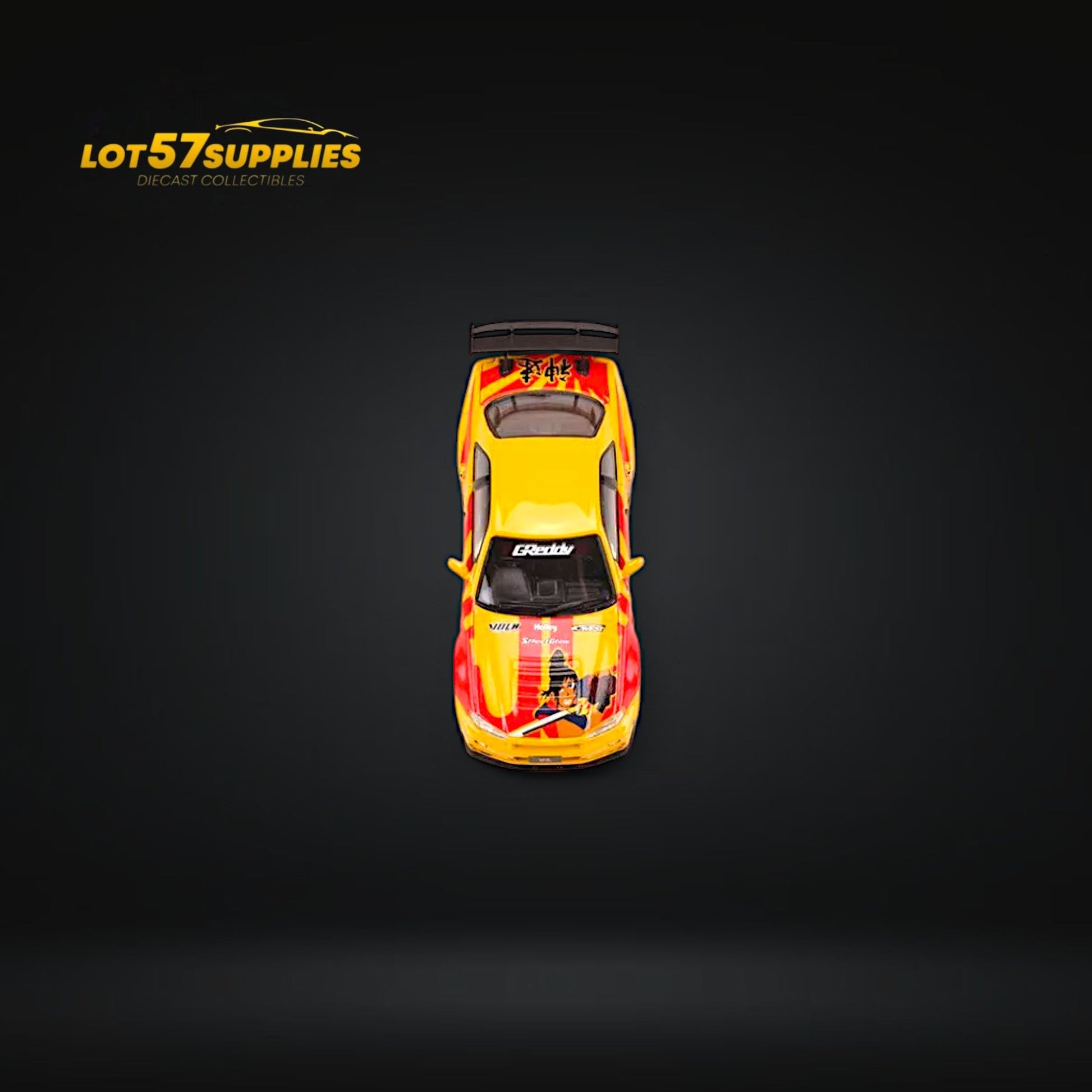 Yellow and red livery Nissan Skyline GT-R R34 Z-Tune diecast model in 1:64 scale by Lot57Supplies Diecast Shop, detailed view.
