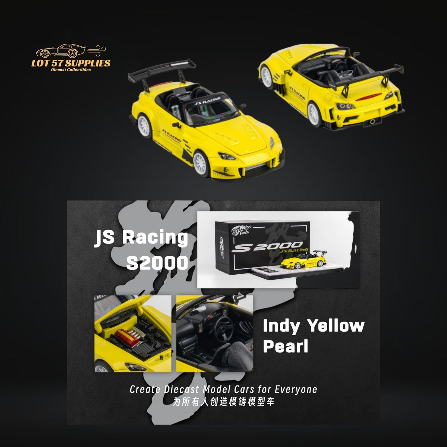 Yellow pearl Honda S2000 JS Racing Microturbo diecast model in 1:64 scale, detailed miniature from Lot57Supplies Diecast Shop.