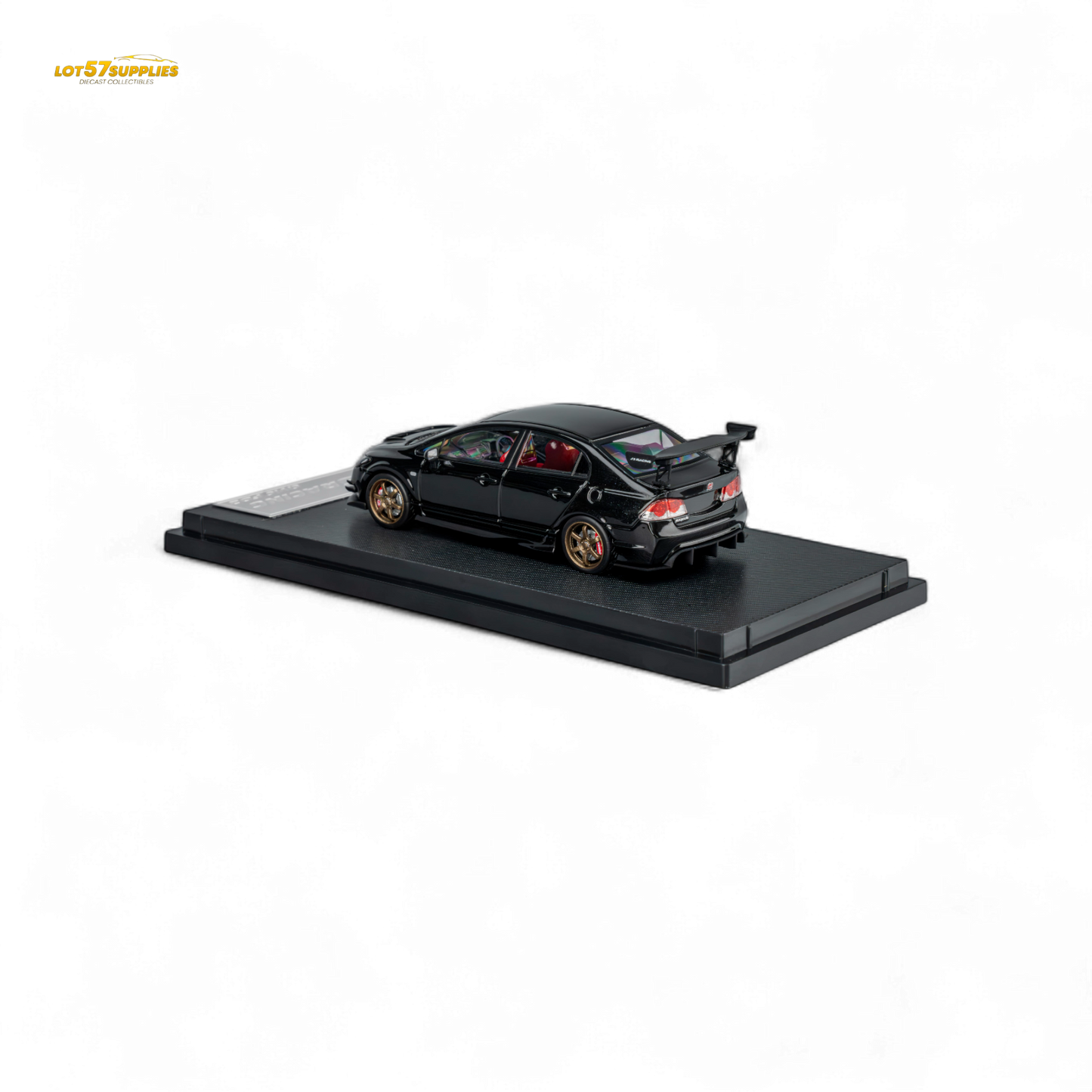 Metallic black Honda Microturbo FD2 J's Racing diecast model car, 1:64 scale, detailed miniature from Lot57Supplies Diecast Shop.
