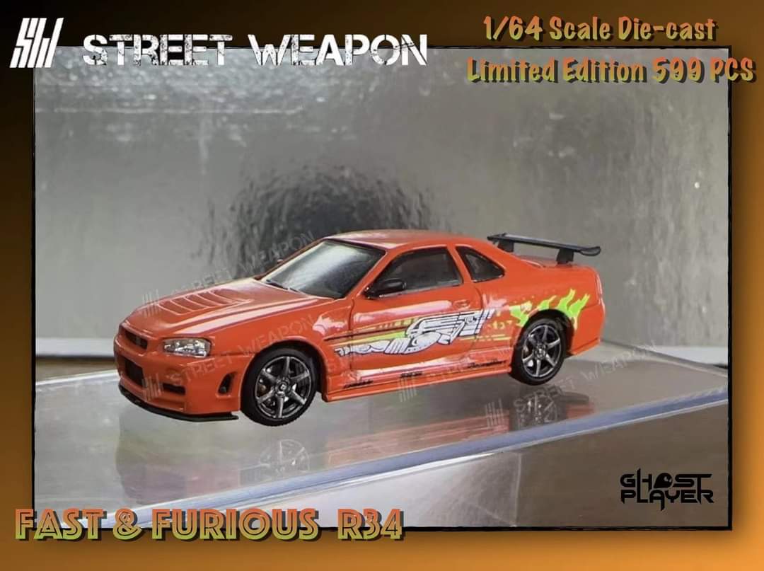 Nissan R34 GT-R diecast model with Fast & Furious street weapon livery, 1:64 scale, detailed collectible car.