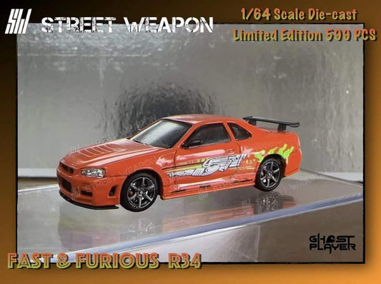 Nissan R34 GT-R diecast model with Fast & Furious street weapon livery, 1:64 scale, detailed collectible car.