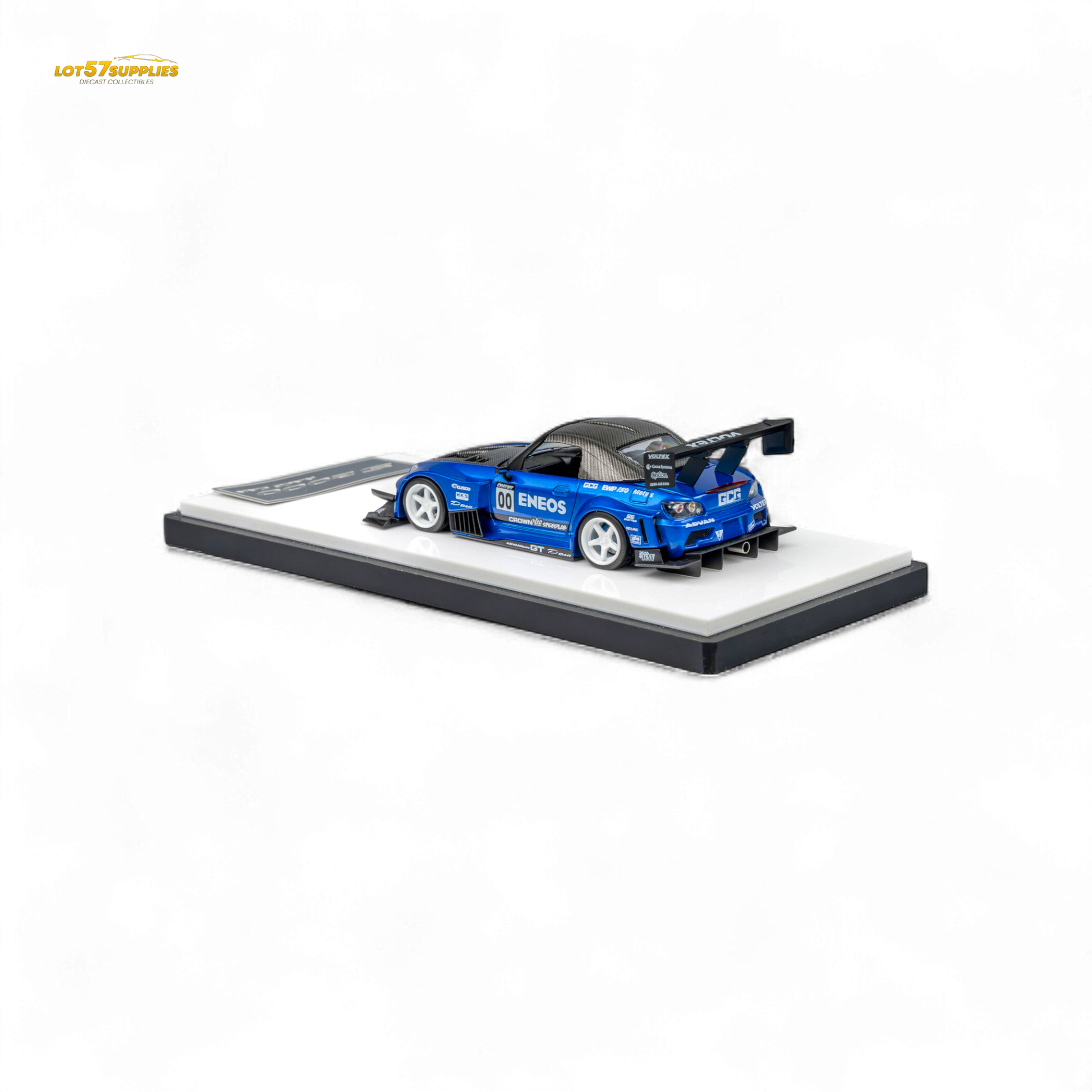 Candy blue Honda MicroTurbo S2000 diecast model car with ENEOS #00 TOP FUEL decals, detailed miniature collectible.