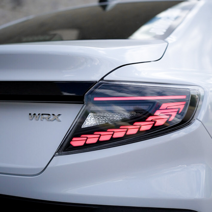 JDMuscle WRX 2022-2025 tail lights with Doragon LED design, featuring sleek red and clear lens details on a car tail light assembly