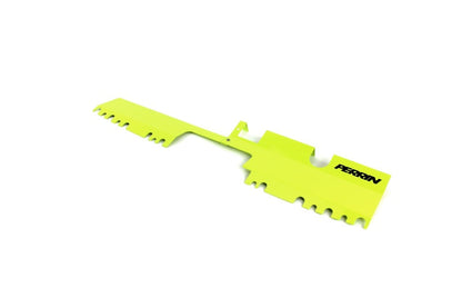 Neon yellow Perrin radiator shroud with OEM intake scoop for 2015-2021 Subaru WRX/STI by JDMuscle, shown from front angle.