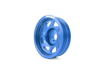Blue Perrin lightweight crank pulley for Subaru WRX, STI, Legacy, and Forester from JDMuscle, showing the pulley's sleek design.