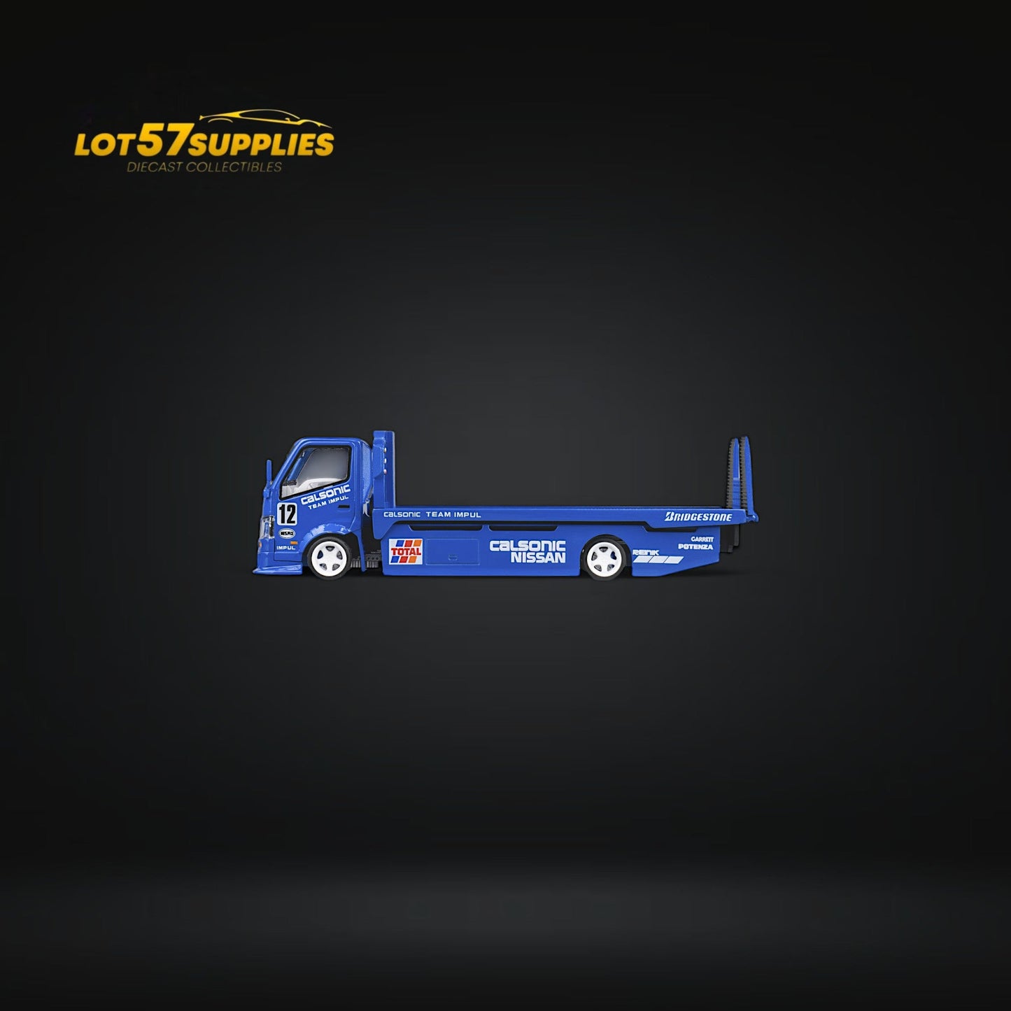 Blue Calsonic livery HINO 300 diecast truck with flatbed, detailed model from Lot57Supplies Diecast Shop, 1:64 scale.