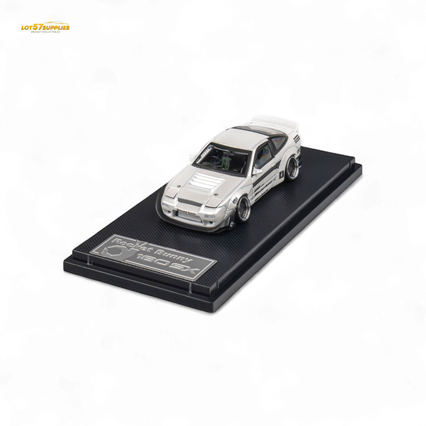 White 1:64 scale Nissan 180SX MicroTurbo diecast car by Pandem Rocket Bunny, detailed miniature model from Lot57Supplies.