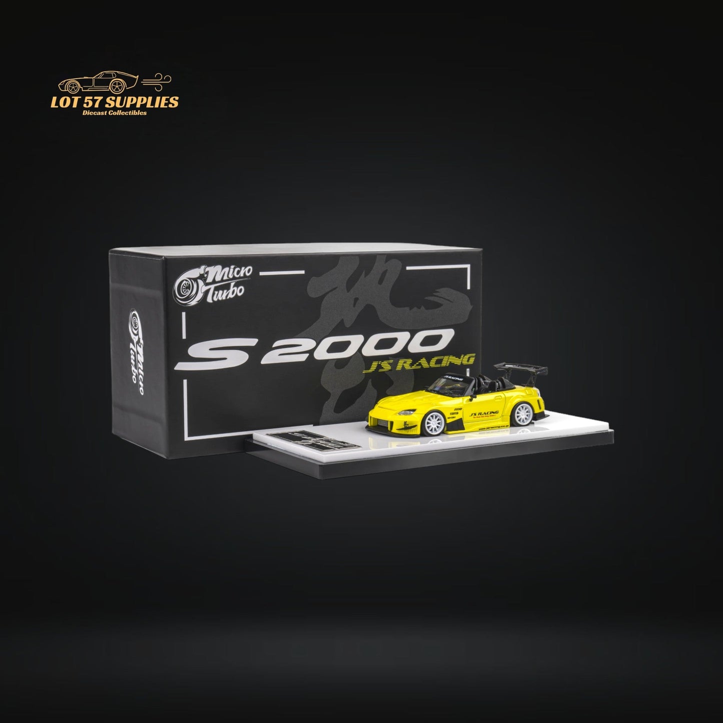 Yellow pearl Honda S2000 JS Racing Microturbo diecast model by Lot57Supplies, detailed 1:64 scale Honda car.