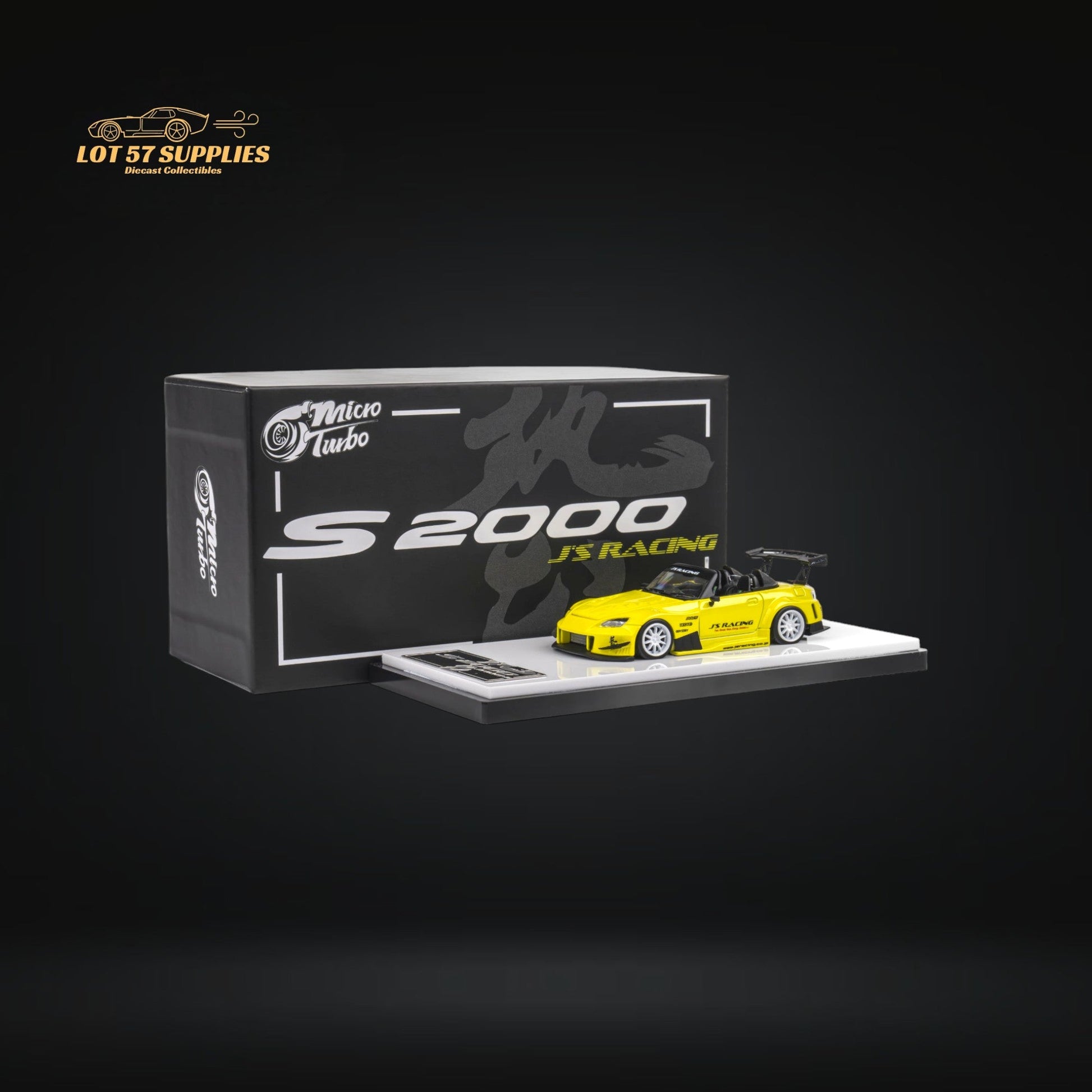 Yellow pearl Honda S2000 JS Racing Microturbo diecast model by Lot57Supplies, detailed 1:64 scale Honda car.