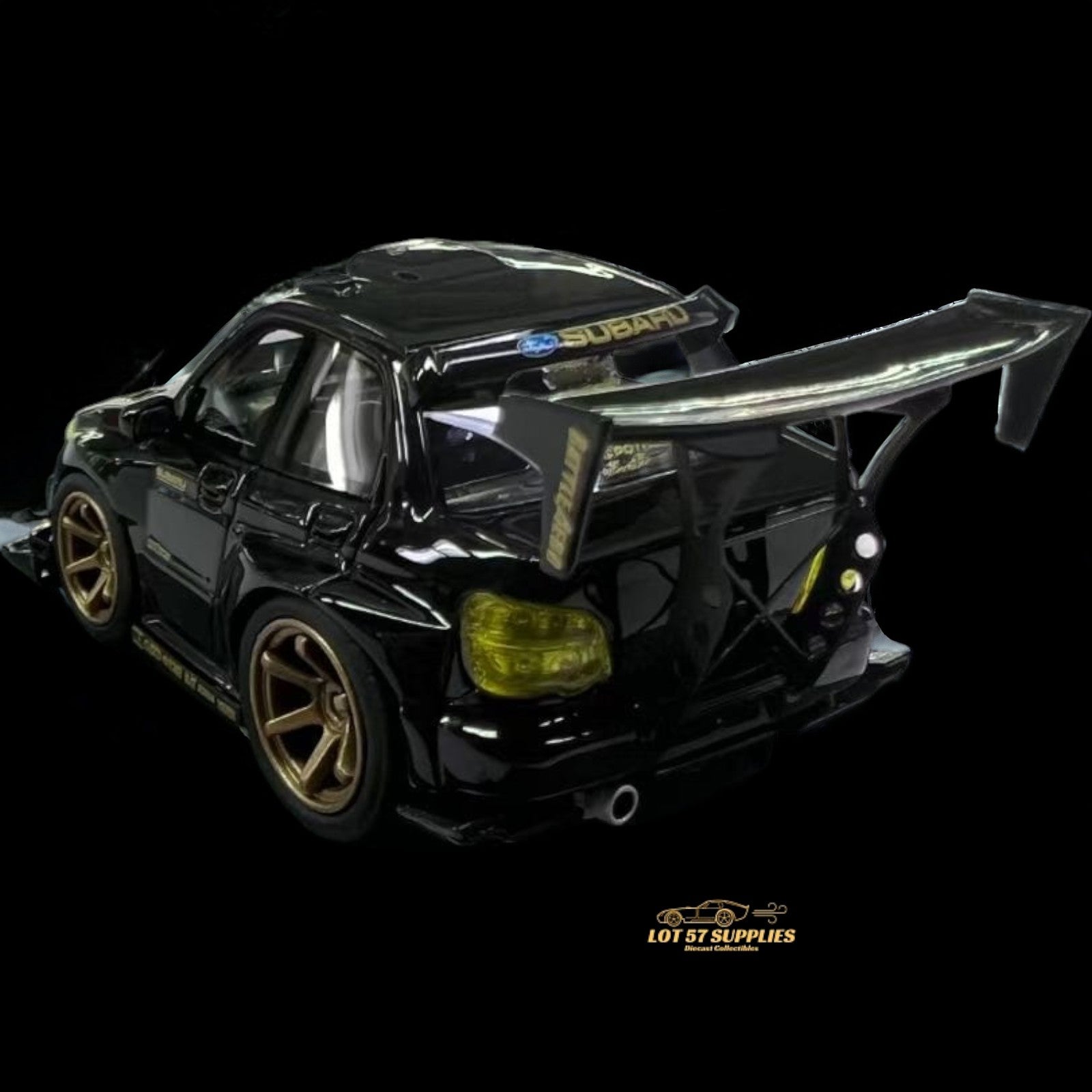 Black and gold 1:64 scale Subaru Impreza WRX STI diecast model by YM Model, featuring Voltex aerodynamic details.