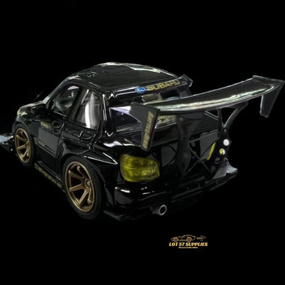 Black and gold 1:64 scale Subaru Impreza WRX STI diecast model by YM Model, featuring Voltex aerodynamic details.