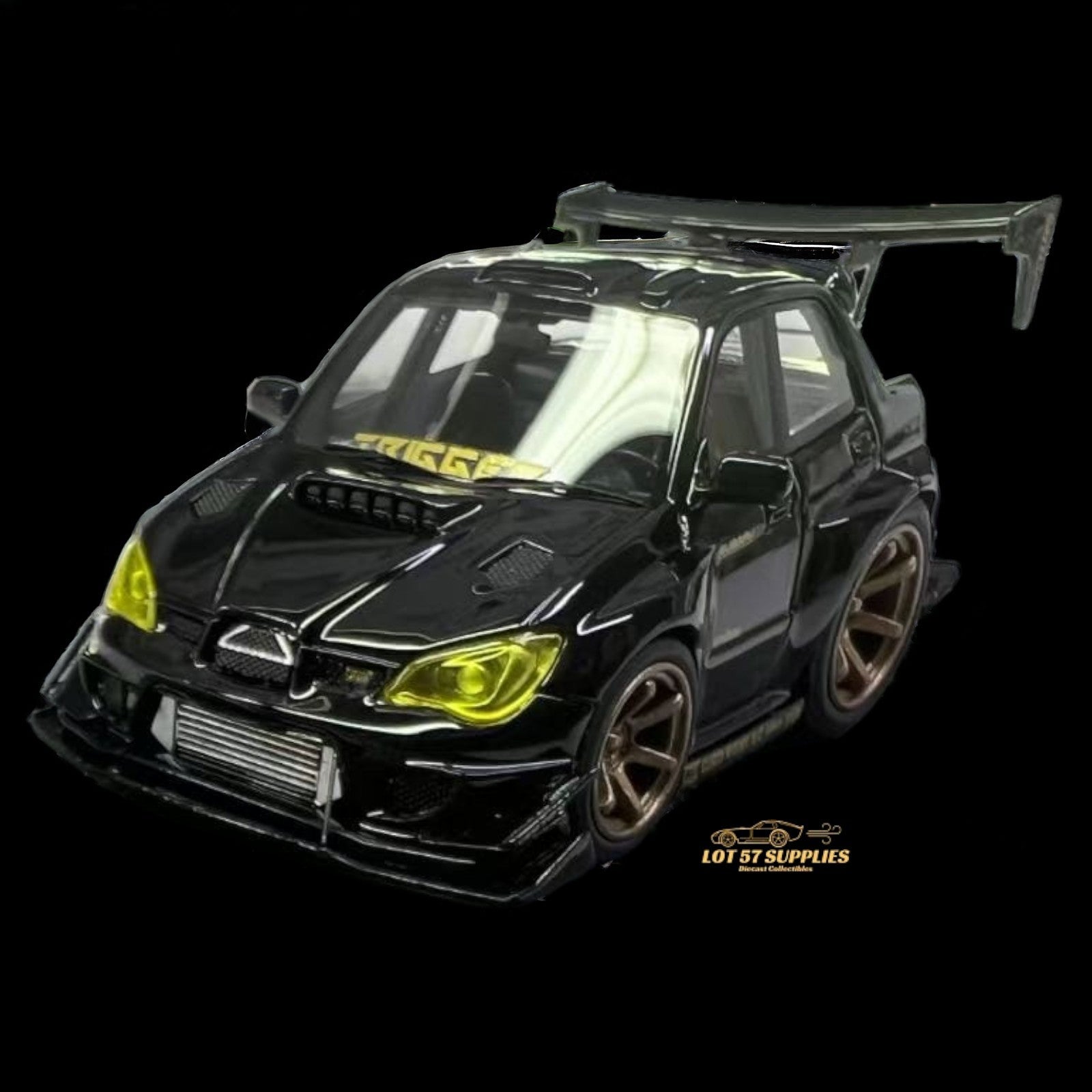 Black and gold 1:64 scale Subaru Impreza WRX STI diecast model by Lot57Supplies, featuring Voltex style design.