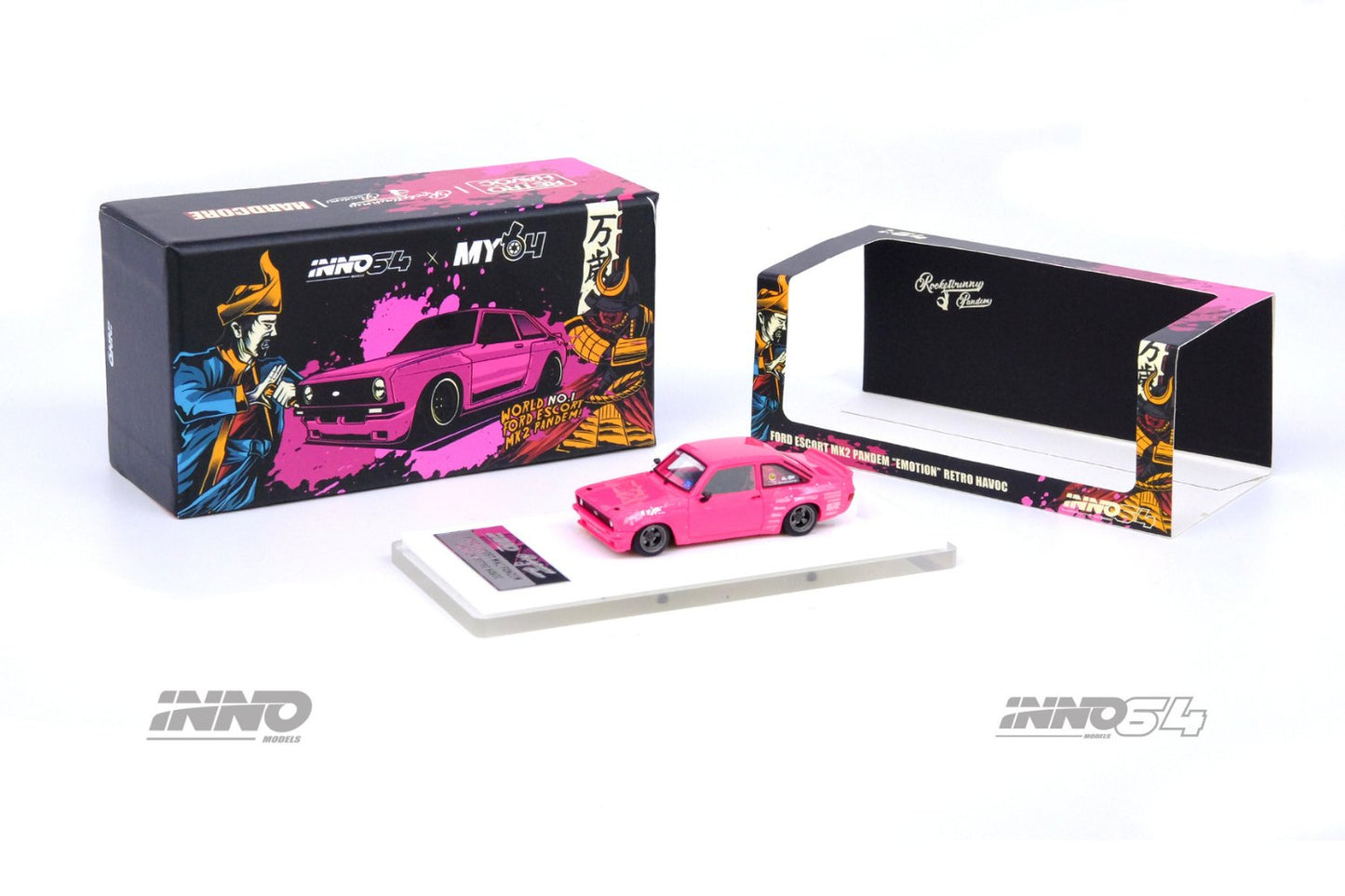 Pink Inno64 Ford Escort MK2 Pandem "Emotion" diecast model by Lot57Supplies, detailed 1:64 scale collectible vehicle.